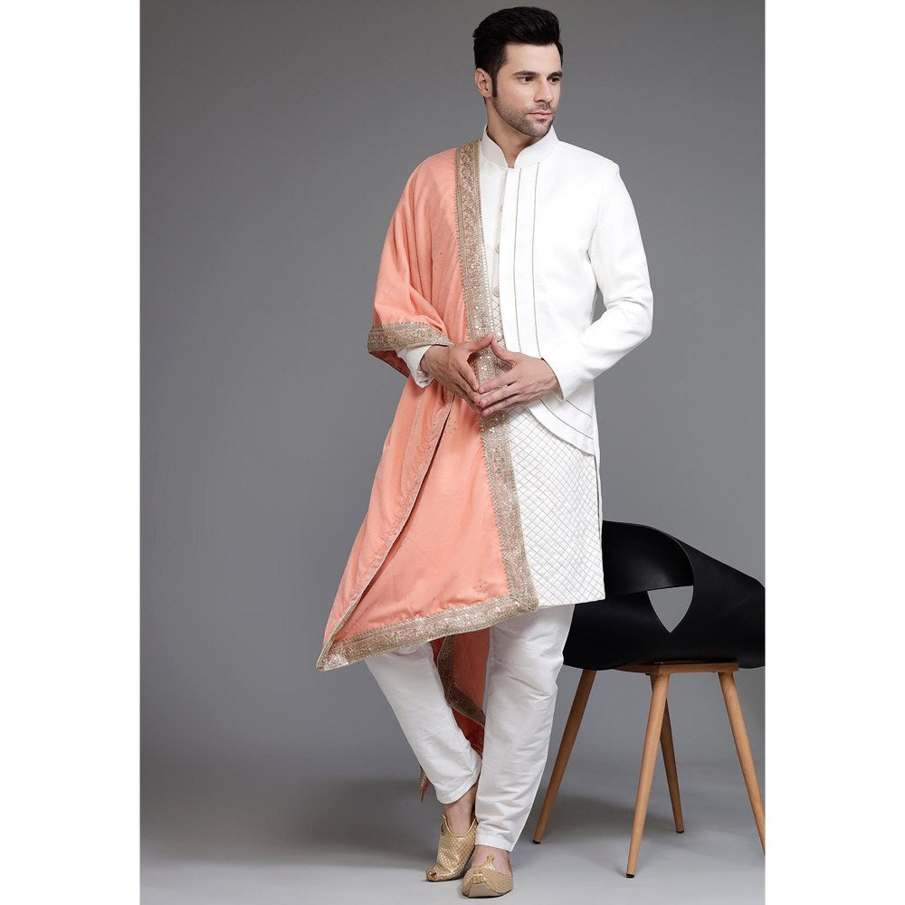 UTSAV FASHION Off White Cotton Silk Embellished Sherwani & Pant