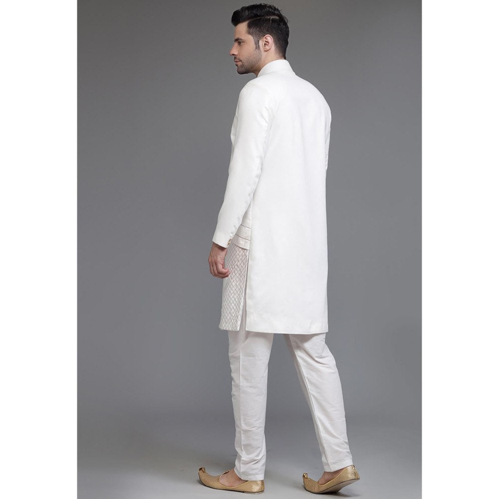 UTSAV FASHION Off White Cotton Silk Embellished Sherwani & Pant