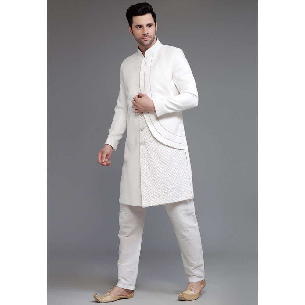UTSAV FASHION Off White Cotton Silk Embellished Sherwani & Pant