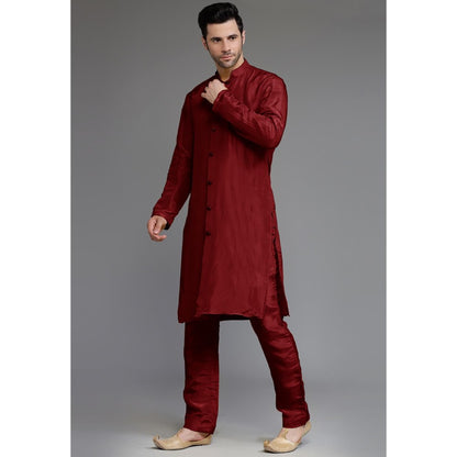 UTSAV FASHION Red Cotton Silk Embellished Sherwani With Kurta & Pant