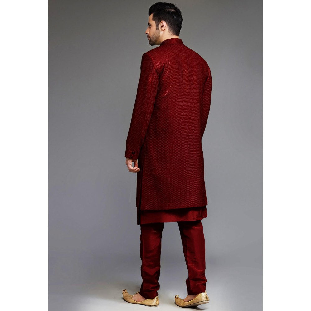 UTSAV FASHION Red Cotton Silk Embellished Sherwani With Kurta & Pant