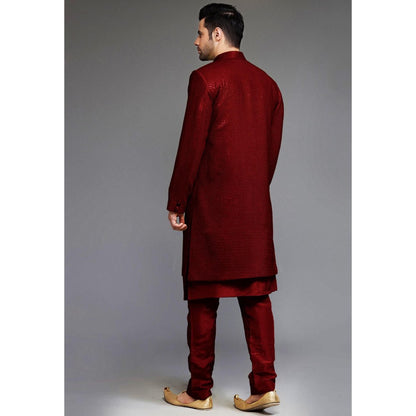UTSAV FASHION Red Cotton Silk Embellished Sherwani With Kurta & Pant