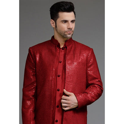 UTSAV FASHION Red Cotton Silk Embellished Sherwani With Kurta & Pant