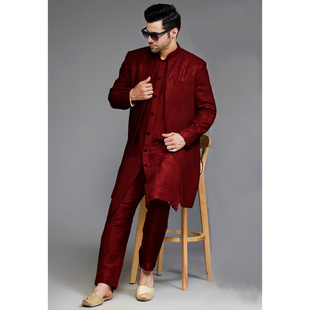 UTSAV FASHION Red Cotton Silk Embellished Sherwani With Kurta & Pant