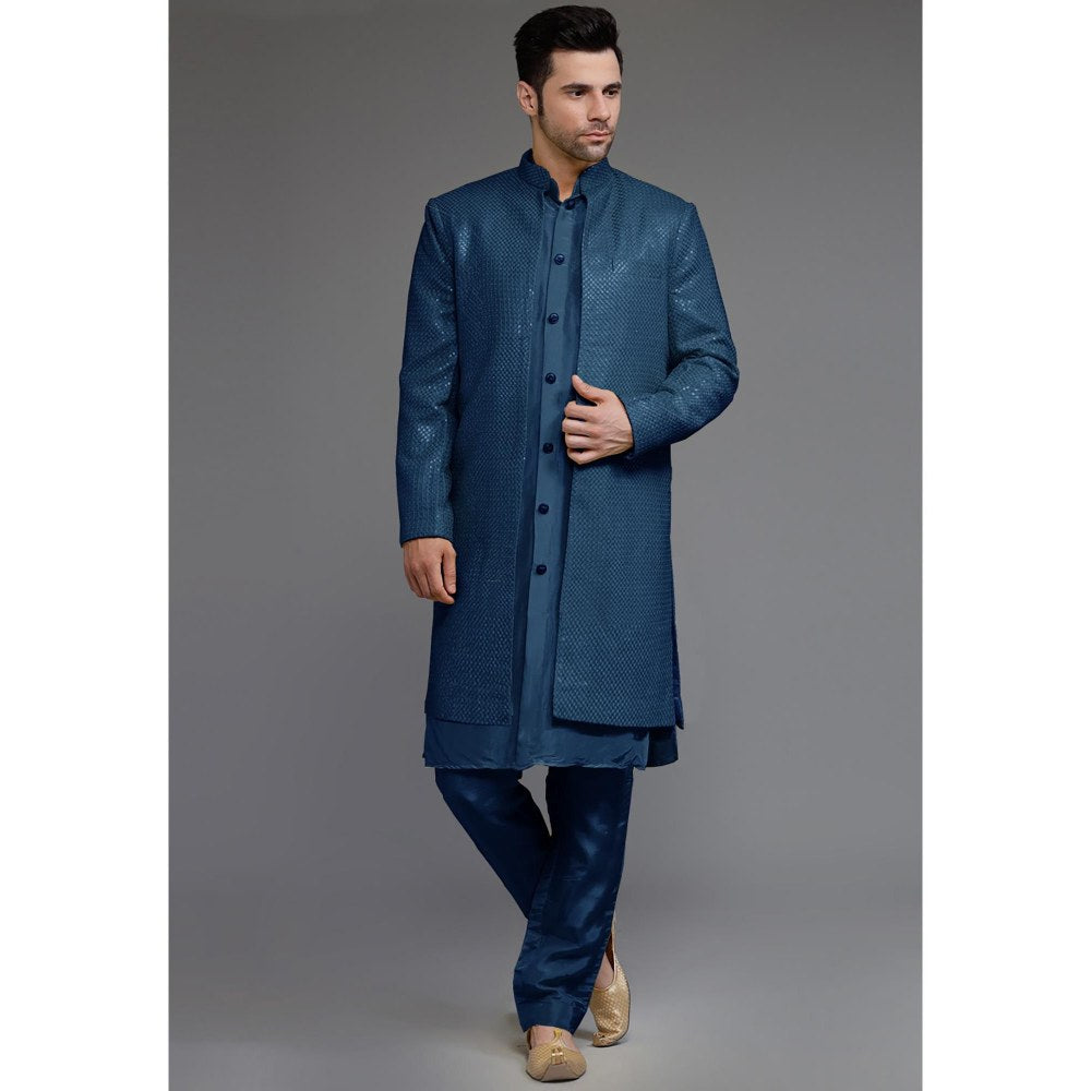 UTSAV FASHION Teal Cotton Silk Embellished Sherwani With Kurta & Pant