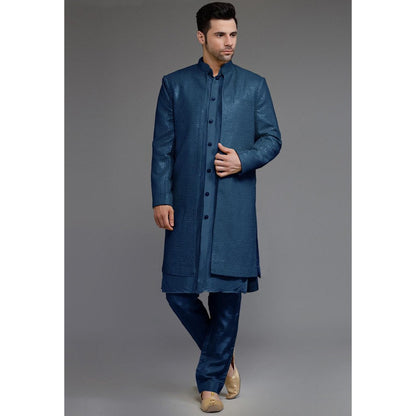 UTSAV FASHION Teal Cotton Silk Embellished Sherwani With Kurta & Pant