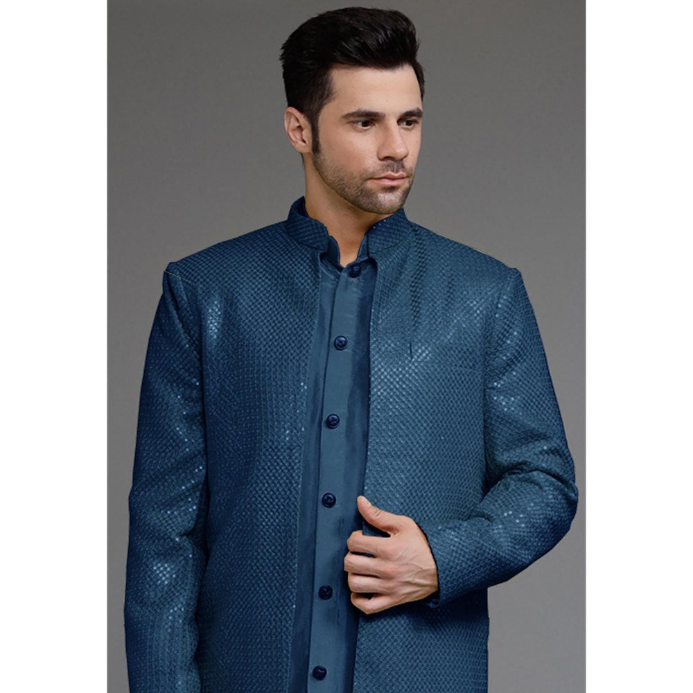 UTSAV FASHION Teal Cotton Silk Embellished Sherwani With Kurta & Pant