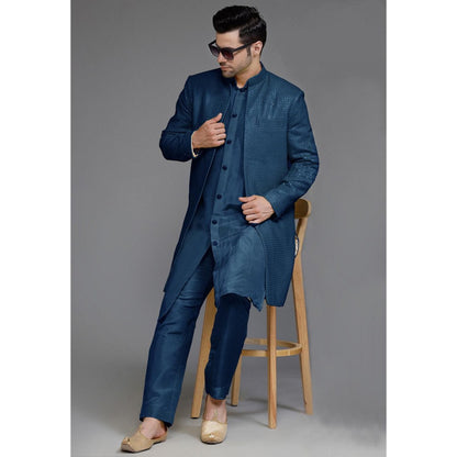 UTSAV FASHION Teal Cotton Silk Embellished Sherwani With Kurta & Pant