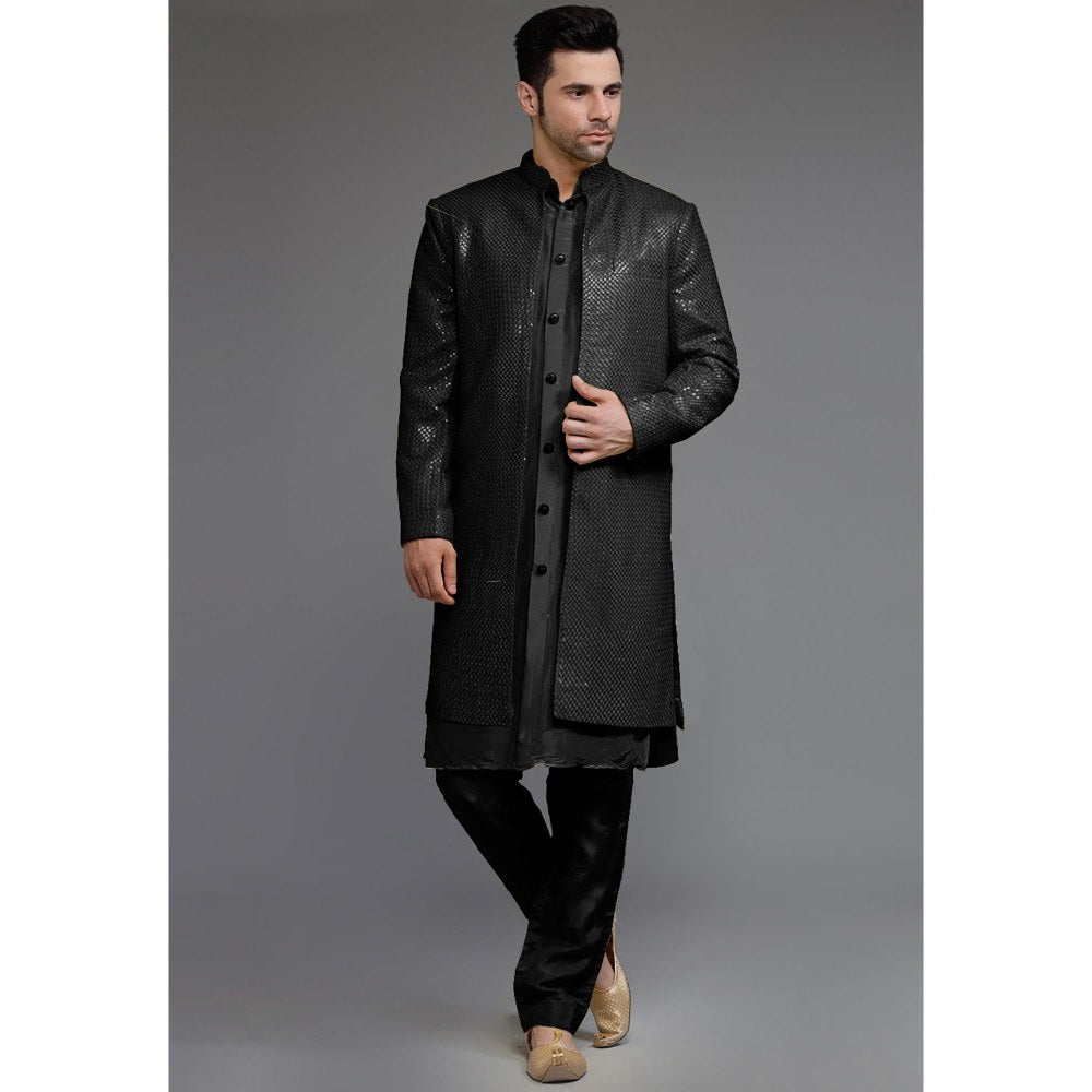 UTSAV FASHION Black Cotton Silk Embellished Sherwani With Kurta & Pant