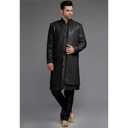 UTSAV FASHION Black Cotton Silk Embellished Sherwani With Kurta & Pant