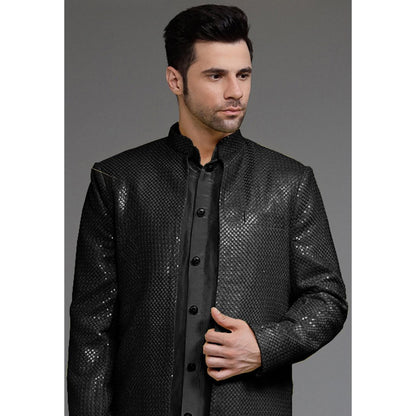 UTSAV FASHION Black Cotton Silk Embellished Sherwani With Kurta & Pant