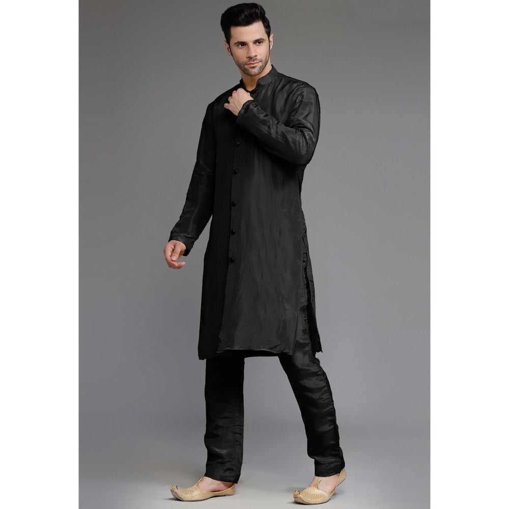 UTSAV FASHION Black Cotton Silk Embellished Sherwani With Kurta & Pant