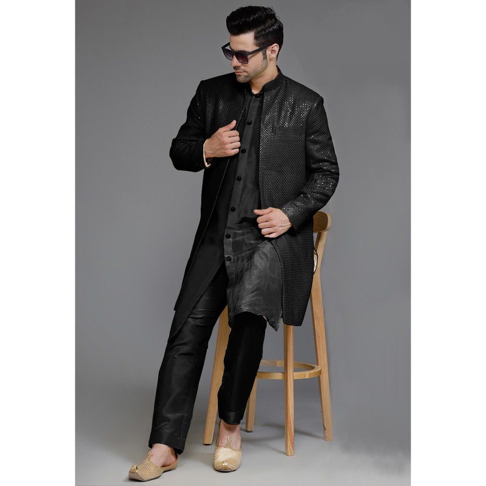 UTSAV FASHION Black Cotton Silk Embellished Sherwani With Kurta & Pant