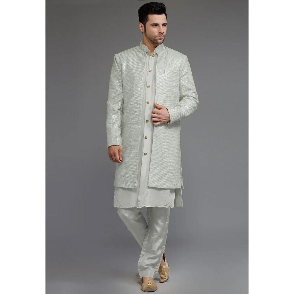 UTSAV FASHION Grey Cotton Silk Embellished Sherwani With Kurta & Pant