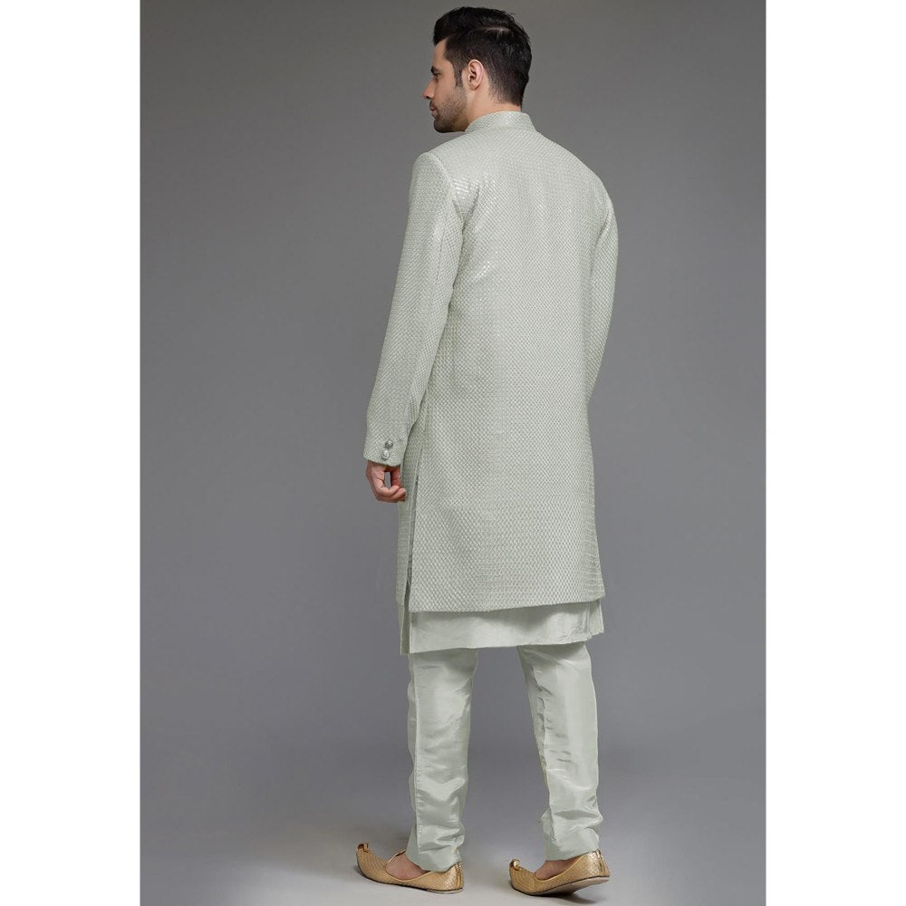 UTSAV FASHION Grey Cotton Silk Embellished Sherwani With Kurta & Pant