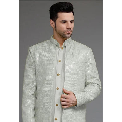 UTSAV FASHION Grey Cotton Silk Embellished Sherwani With Kurta & Pant