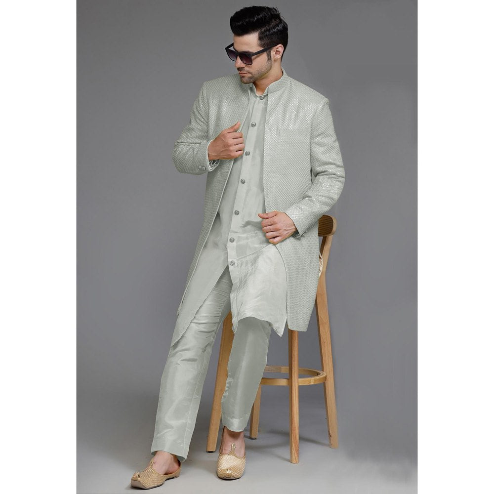 UTSAV FASHION Grey Cotton Silk Embellished Sherwani With Kurta & Pant