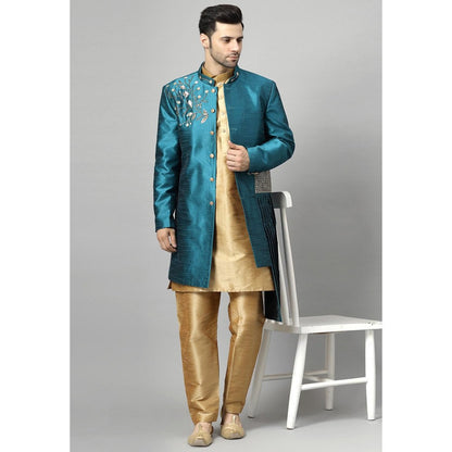 UTSAV FASHION Teal Art Silk Embellished Sherwani With Kurta & Pant