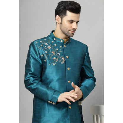 UTSAV FASHION Teal Art Silk Embellished Sherwani With Kurta & Pant