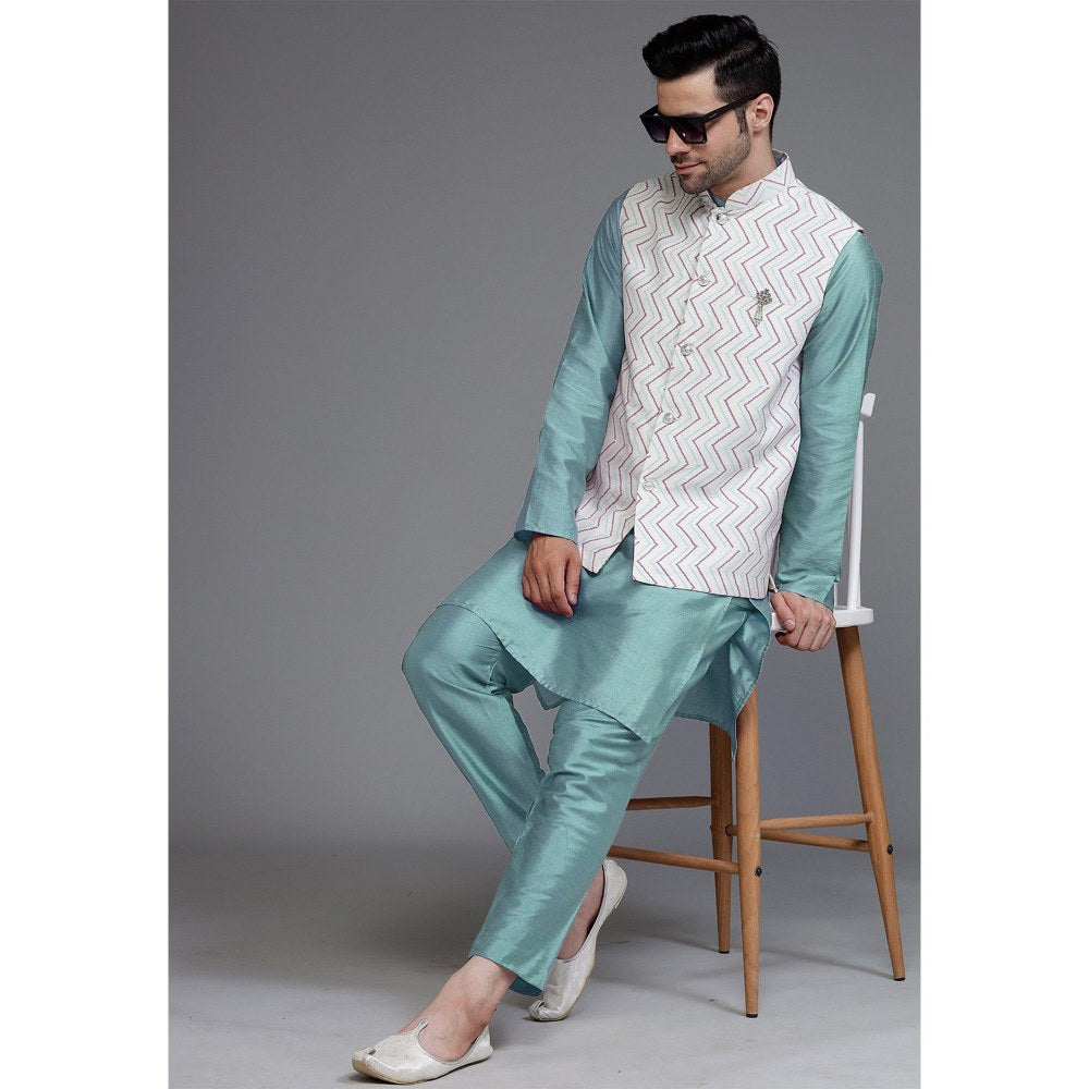 UTSAV FASHION Art Silk Light Blue Kurta with Pyjama and Nehru Jacket