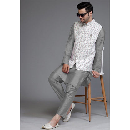 UTSAV FASHION Art Silk Grey Kurta with Pyjama and Nehru Jacket
