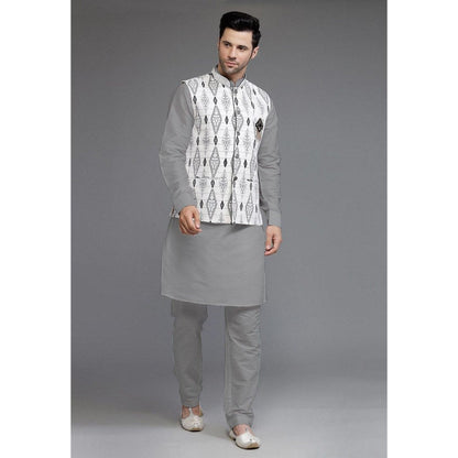 UTSAV FASHION Cotton Silk Grey Digital Printed Kurta with Pyjama and Nehru Jacket