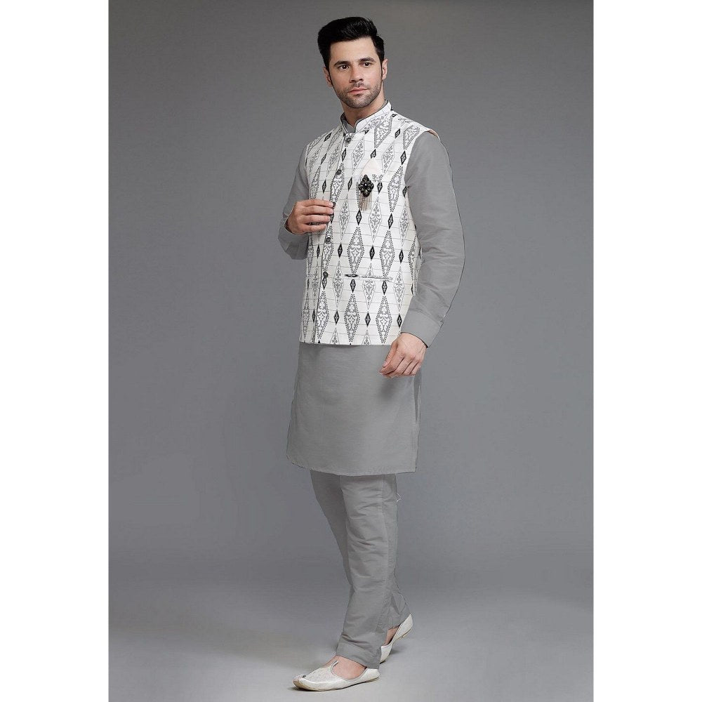 UTSAV FASHION Cotton Silk Grey Digital Printed Kurta with Pyjama and Nehru Jacket