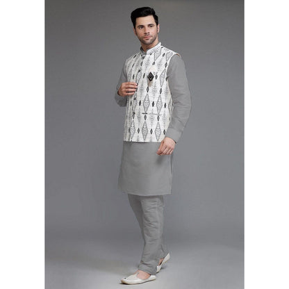 UTSAV FASHION Cotton Silk Grey Digital Printed Kurta with Pyjama and Nehru Jacket