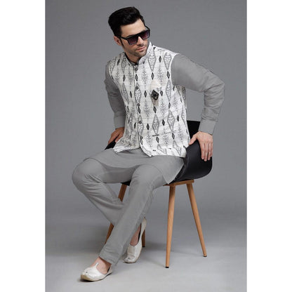 UTSAV FASHION Cotton Silk Grey Digital Printed Kurta with Pyjama and Nehru Jacket