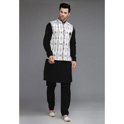 UTSAV FASHION Cotton Silk Black Digital Printed Kurta with Pyjama and Nehru Jacket
