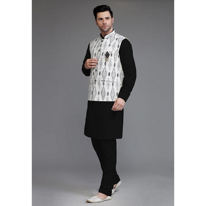 UTSAV FASHION Cotton Silk Black Digital Printed Kurta with Pyjama and Nehru Jacket