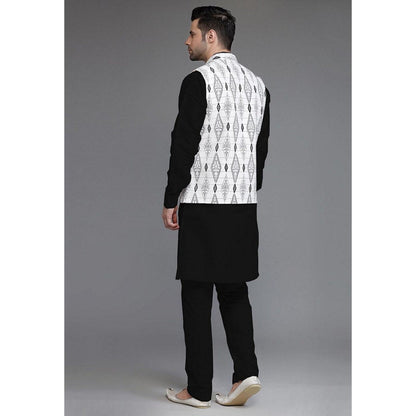 UTSAV FASHION Cotton Silk Black Digital Printed Kurta with Pyjama and Nehru Jacket