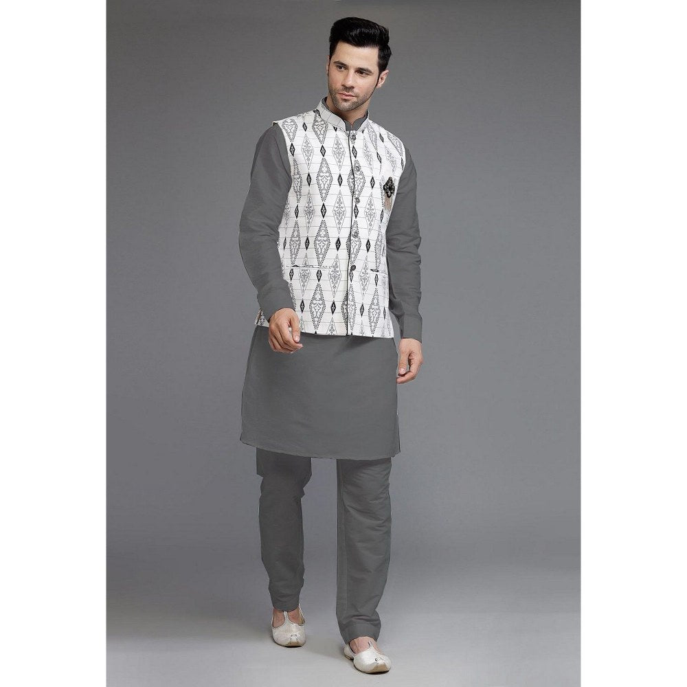 UTSAV FASHION Cotton Silk Dark Grey Digital Printed Kurta with Pyjama and Nehru Jacket