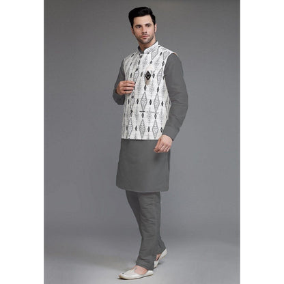 UTSAV FASHION Cotton Silk Dark Grey Digital Printed Kurta with Pyjama and Nehru Jacket