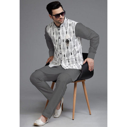 UTSAV FASHION Cotton Silk Dark Grey Digital Printed Kurta with Pyjama and Nehru Jacket
