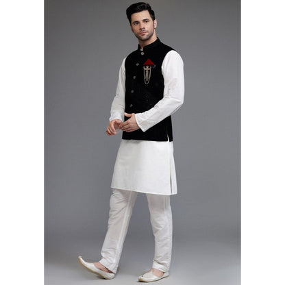 UTSAV FASHION Cotton Silk Off White Kurta with Pyjama and Nehru Jacket