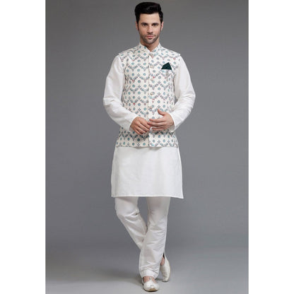 UTSAV FASHION Cotton Silk Off White Digital Printed Kurta with Pyjama and Nehru Jacket