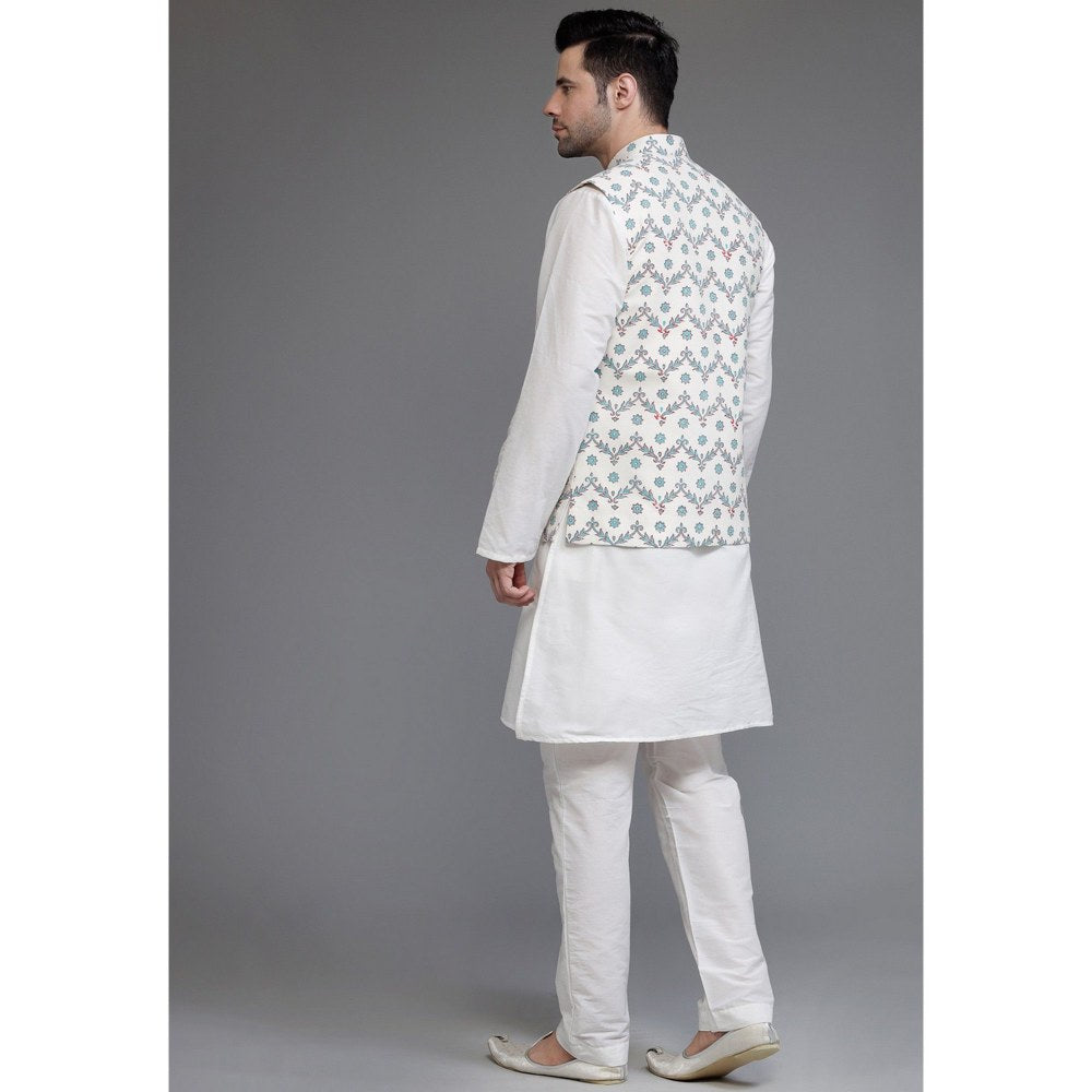 UTSAV FASHION Cotton Silk Off White Digital Printed Kurta with Pyjama and Nehru Jacket