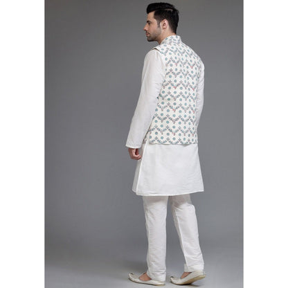 UTSAV FASHION Cotton Silk Off White Digital Printed Kurta with Pyjama and Nehru Jacket