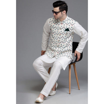 UTSAV FASHION Cotton Silk Off White Digital Printed Kurta with Pyjama and Nehru Jacket