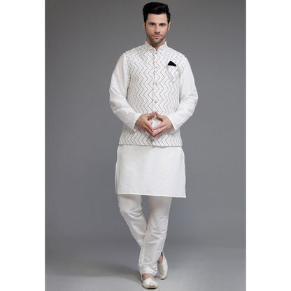 UTSAV FASHION Off White Digital Printed Kurta with Pyjama and Nehru Jacket