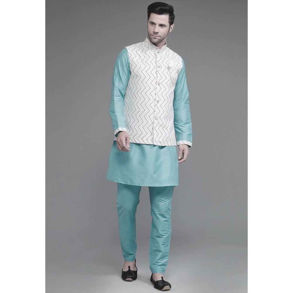 UTSAV FASHION Cotton Silk Light Blue Digital Printed Kurta with Pyjama and Nehru Jacket