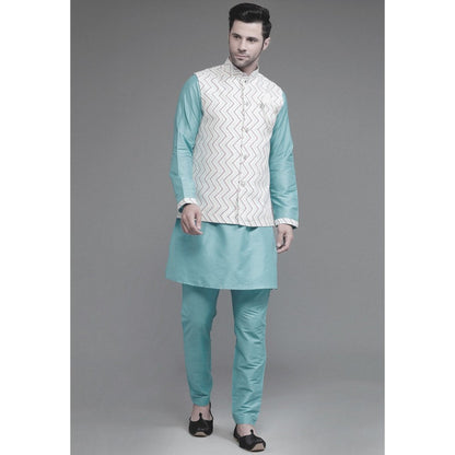 UTSAV FASHION Cotton Silk Light Blue Digital Printed Kurta with Pyjama and Nehru Jacket