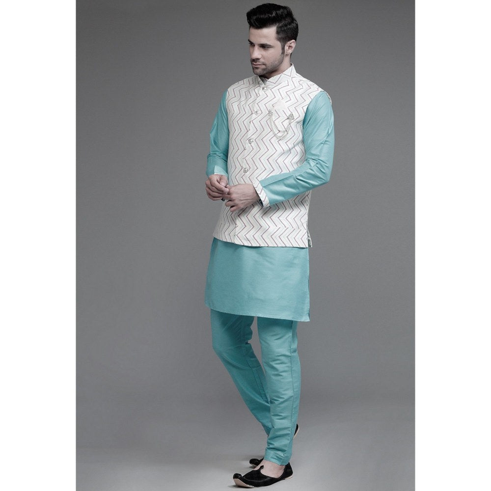 UTSAV FASHION Cotton Silk Light Blue Digital Printed Kurta with Pyjama and Nehru Jacket