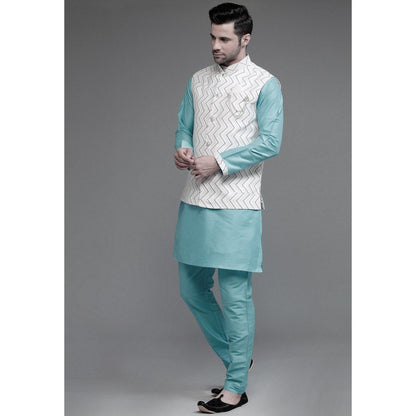 UTSAV FASHION Cotton Silk Light Blue Digital Printed Kurta with Pyjama and Nehru Jacket