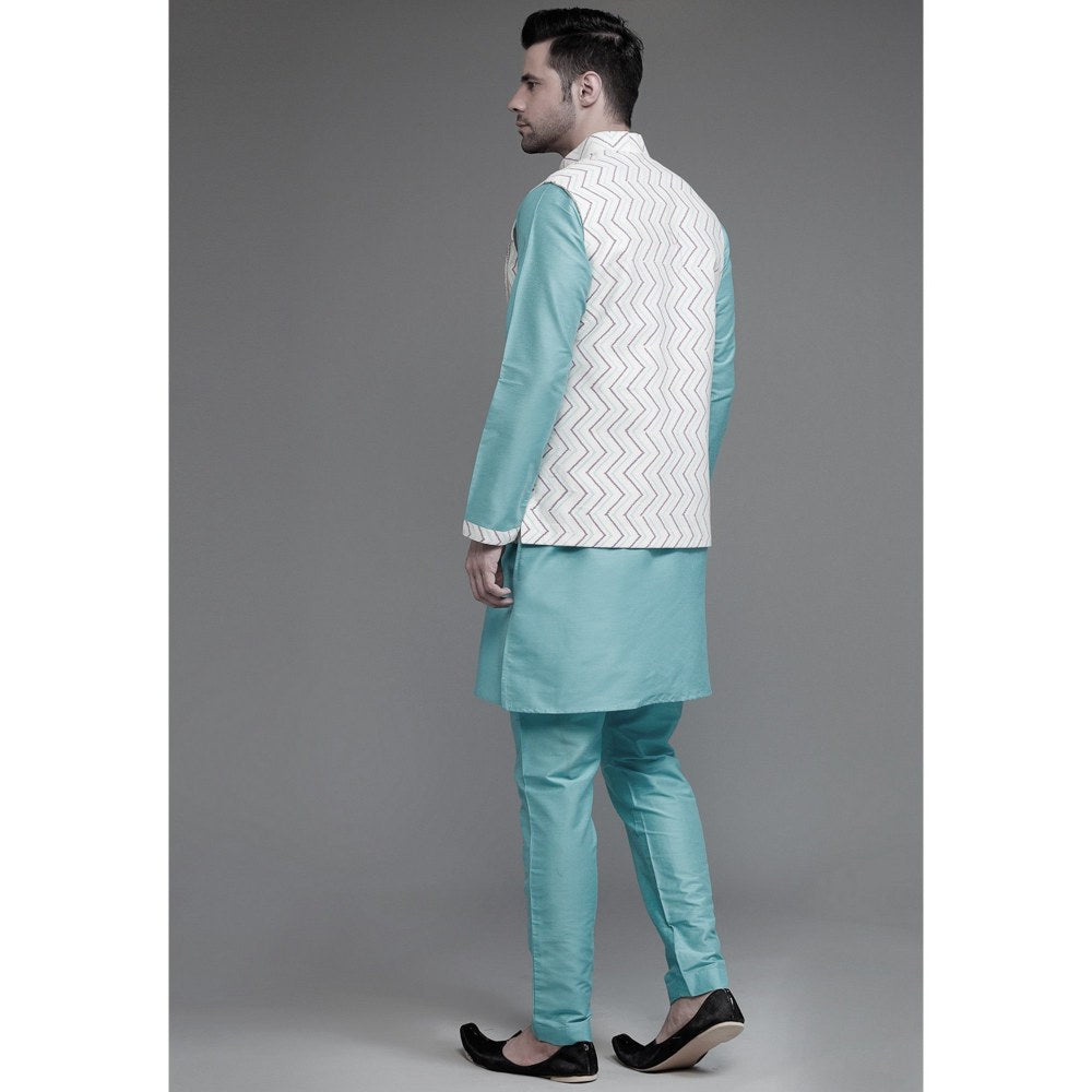 UTSAV FASHION Cotton Silk Light Blue Digital Printed Kurta with Pyjama and Nehru Jacket