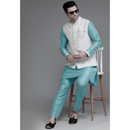 UTSAV FASHION Cotton Silk Light Blue Digital Printed Kurta with Pyjama and Nehru Jacket