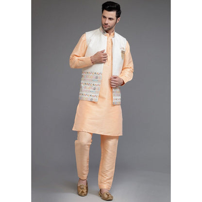 UTSAV FASHION Art Silk Peach Embroidered Kurta with Pyjama and Nehru Jacket