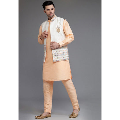 UTSAV FASHION Art Silk Peach Embroidered Kurta with Pyjama and Nehru Jacket