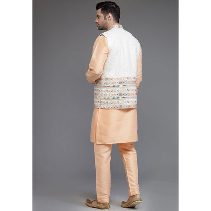 UTSAV FASHION Art Silk Peach Embroidered Kurta with Pyjama and Nehru Jacket